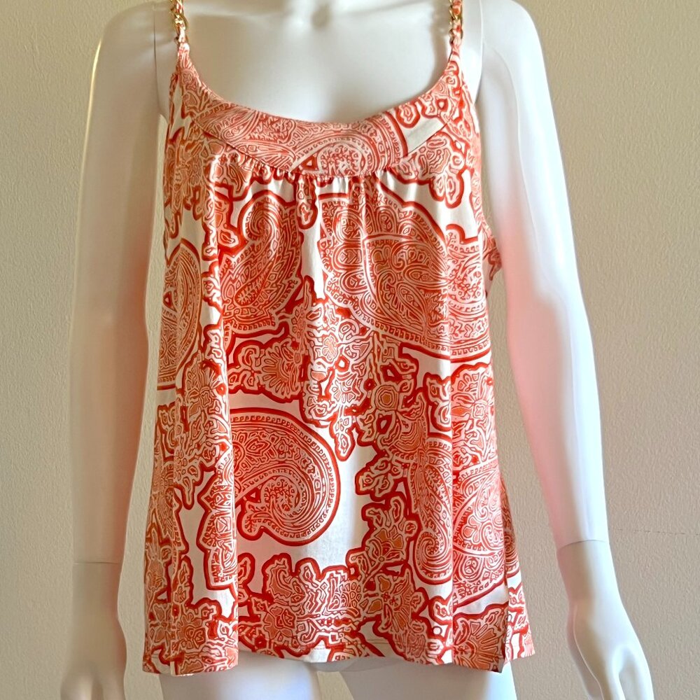 Vtg C1990s MICHAEL Michael Kors Orange & White, Sleeveless,Gold Chain Top, XL/XG